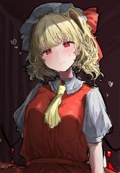 Rule 34 | 1girl, ascot, blonde hair, blunt bangs, blush, breasts, closed mouth, crystal, curtains, flandre scarlet, hat, head tilt, heart, heart-shaped pupils, highres, indoors, light frown, looking at viewer, medium breasts, medium hair, mob cap, object, one side up, puffy short sleeves, puffy sleeves, red eyes, red vest, short sleeves, sketch, solo, symbol-shaped pupils, tears, touhou, upper body, vest, wavy hair, wings, yellow ascot