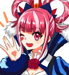 Rule 34 | 1girl, akiharu 1007, blunt bangs, clothing cutout, fire emblem, fire emblem engage, flower, fur trim, hair rings, high collar, hortensia (fire emblem), multicolored hair, nintendo, one eye closed, open mouth, pink eyes, pink hair, smile, solo, tiara, two-tone hair, white background