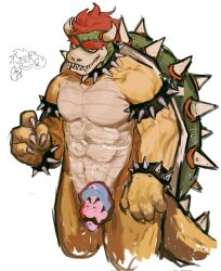 Rule 34 | 1boy, bara, bowser, censored, character censor, claws, cropped legs, evil smile, furry, furry male, highres, huge eyebrows, looking at viewer, luigi, m0kaccinoh, male focus, mario (series), muscular, muscular male, nintendo, novelty censor, pectorals, short hair, smile, solo, standing, thick eyebrows, white background