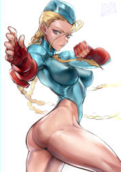 Rule 34 | 1girl, absurdres, ahoge, ass, blonde hair, blue eyes, blue leotard, braid, breasts, cammy white, capcom, clenched hand, closed mouth, covered erect nipples, cowboy shot, fingerless gloves, forehead, from side, garrison cap, gloves, hat, heattech leotard, highleg, highleg leotard, highres, huge ahoge, impossible clothes, impossible leotard, juaag acgy, large breasts, leotard, lips, long hair, looking at viewer, muscular, muscular female, necktie, nose, perky breasts, red gloves, scar, serious, simple background, solo, street fighter, thighs, thong leotard, turtleneck, twin braids, very long hair, white background, yellow necktie