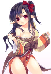 Rule 34 | 1girl, bad id, bad pixiv id, black hair, blush, bow, breasts, brown kimono, cleavage, closed mouth, commentary request, contrapposto, cowboy shot, hair bow, hanbok, japanese clothes, kimono, kimono tug, korean clothes, long hair, looking at viewer, medium breasts, off shoulder, pointy ears, ragnarok online, red bow, red eyes, sanom, side ponytail, simple background, smile, solo, soul linker (ragnarok online), white background
