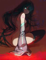 Rule 34 | 1girl, ?, ??, ass, black footwear, black thighhighs, blue eyes, bodypaint, boots, bottomless, breasts, closed mouth, detached sleeves, from side, full body, glowing, glowing eye, hair down, hair over one eye, hatsune miku, highres, hojiro (piko519), huge ass, long hair, long sleeves, looking to the side, medium breasts, sideboob, solo, squatting, thigh boots, thighhighs, twintails, very long hair, vocaloid
