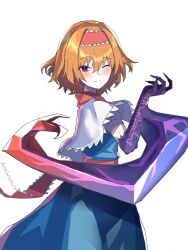 Rule 34 | 1girl, absurdres, alice margatroid, arm blade, blue dress, blush, bois de justice, capelet, closed mouth, commentary request, cookie (touhou), cowboy shot, dies irae, dress, frilled capelet, frilled hairband, frills, from side, hair between eyes, hair intakes, hairband, highres, hinase (cookie), long bangs, looking at viewer, looking to the side, one eye closed, orange hair, red eyes, red hairband, red sash, sash, shinza bansho series, short hair, simple background, smile, solo, tirano tenchou, touhou, weapon, white background, white capelet