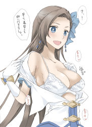 Rule 34 | !, 1girl, blue bow, blue eyes, blush, bow, bra, breasts, brown hair, cleavage, collarbone, dress, earrings, elf (stroll in the woods), female focus, from side, gloves, hair bow, heart, heartbeat, highres, japanese text, jewelry, katarina claes, lace, lace bra, large breasts, long hair, looking away, open clothes, open dress, open mouth, otome game no hametsu flag shika nai akuyaku reijou ni tensei shite shimatta, parted bangs, simple background, smile, solo, sound effects, speech bubble, spoken heart, strap gap, translated, underwear, undressing, upper body, very long hair, white background, white bra, white dress, white gloves