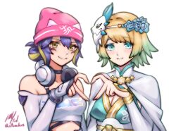 2girls 4-finger_heart_hands artist_name bare_shoulders blue_eyes breasts cleavage commission crop_top crossover fingerless_gloves fire_emblem fire_emblem_heroes fjorm_(fire_emblem) fjorm_(ninja)_(fire_emblem) gloves gradient_hair green_eyes green_hair hat headphones headphones_around_neck heart heart_hands heart_hands_duo highres japanese_clothes kira-kira_kiriko kiriko_(overwatch) ko-fi_commission mask mask_on_head medium_breasts multicolored_hair multiple_girls nintendo off-shoulder_shirt off_shoulder official_alternate_costume overwatch overwatch_2 pink_hat pplord rotomdocs shirt short_hair simple_background smile streaked_hair