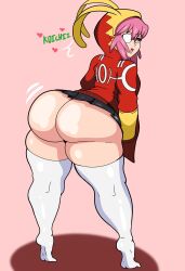 Rule 34 | 1girl, ass, beckoning, boku no hero academia, from behind, glasses, hands in pockets, haneyama kazuho, heart, highres, hood, hoodie, huge ass, leaning forward, long sleeves, looking at viewer, looking back, motion lines, no panties, open mouth, pink background, pink hair, pop step, red eyes, shingattai, skirt, smile, solo, speech bubble, thick thighs, thighhighs, thighs, vigilante -boku no hero academia: illegals-, white thighhighs