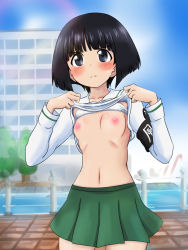 Rule 34 | 10s, 1girl, armband, black eyes, black hair, blouse, blue sky, blunt bangs, blush, bob cut, bra, bra lift, breasts, closed mouth, clothes lift, cowboy shot, day, frown, girls und panzer, green skirt, highres, lifted by self, long sleeves, looking at viewer, miniskirt, misakichi (fechisupi777), navel, nipples, ooarai school uniform, outdoors, pleated skirt, ribs, school uniform, serafuku, shirt, shirt lift, short hair, skirt, sky, small breasts, solo, sono midoriko, standing, sweatdrop, underwear, white bra, white shirt