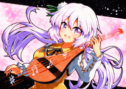 Rule 34 | 1girl, bad id, bad pixiv id, biwa lute, highres, instrument, light purple hair, lute (instrument), music, musical note, open mouth, playing instrument, purple eyes, qqqrinkappp, solo, staff (music), touhou, traditional media, tsukumo benben