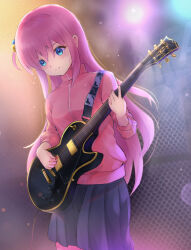 Rule 34 | 1girl, absurdres, blue eyes, blurry, bocchi the rock!, bokeh, closed mouth, commentary, cowboy shot, cube hair ornament, depth of field, electric guitar, frown, gotoh hitori, grey skirt, guitar, hair ornament, highres, holding, holding instrument, indoors, instrument, jacket, light particles, long hair, music, one side up, pants, pants under skirt, peteron, pink hair, pink jacket, pink pants, playing instrument, pleated skirt, plectrum, skirt, solo, spotlight, standing, track jacket, track pants