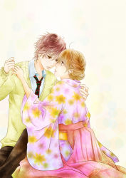 Rule 34 | 1boy, 1girl, artist name, ayase chihaya, brown eyes, brown hair, chihayafuru, dated, eye contact, floral print, hakama, hand on another&#039;s arm, hetero, imminent hug, japanese clothes, long sleeves, looking at another, mashima taichi, miaow888, necktie, pink hakama, plaid necktie, simple background, sweater, wide sleeves