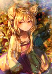 Rule 34 | 1girl, absurdres, adapted costume, blonde hair, blush, breasts, chromatic aberration, closed mouth, collarbone, commentary request, earmuffs, floral print, flower, flower wreath, frills, from above, highres, itsumizu, light smile, long sleeves, looking at viewer, medium hair, outdoors, pointy hair, sitting, sleeves past fingers, sleeves past wrists, small breasts, solo, touhou, toyosatomimi no miko, wariza, white flower, yellow eyes