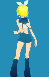 Rule 34 | 1girl, ass, back, bare shoulders, blonde hair, bow, female focus, hair bow, highres, kagamine rin, leg warmers, meso3, short hair, shorts, simple background, solo, suspenders, vocaloid