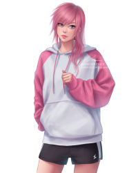 Rule 34 | 1girl, bad id, bad pixiv id, blue eyes, casual, commission, drawstring, final fantasy, final fantasy xiii, hair between eyes, hood, hood down, hoodie, lightning farron, long hair, looking at viewer, pink hair, shorts, solo, umigraphics, white background