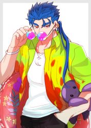Rule 34 | 1boy, blue hair, cu chulainn (fate), cu chulainn (fate/stay night), earrings, fate/stay night, fate (series), hand in pocket, innertube, jewelry, long hair, looking at viewer, male focus, octopus, official alternate costume, open clothes, open shirt, ponytail, red eyes, removing eyewear, simple background, solo, spiked hair, sunglasses, swim ring, yap (dhgrail)