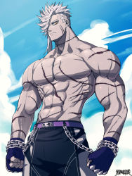 Rule 34 | 1boy, abs, asymmetrical hair, bare pectorals, belt, black male swimwear, black swim trunks, blazbluefairy, chain, character request, colored skin, dairoku ryouhei, facial scar, fingerless gloves, gloves, grey skin, large pectorals, looking at viewer, male focus, male swimwear, mature male, medium hair, muscular, muscular male, navel, no nipples, official art, pectorals, purple belt, scar, scar on arm, scar on cheek, scar on chest, scar on face, scar on stomach, sideburns, sidecut, solo, spiked hair, stomach, swim trunks, swimsuit, undercut, white hair