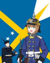Rule 34 | 1boy, 1girl, :d, aqua eyes, bayonet, belt, belt pouch, blonde hair, blue coat, blue jacket, buttons, coat, coat of arms, collared jacket, commentary request, custodian helmet, flag background, gloves, gotland (warship girls r), gun, hat, holding, holding weapon, insignia, jacket, looking at viewer, military, military uniform, open mouth, over shoulder, pouch, rifle, sailor collar, sailor hat, shoulder strap, smile, star (symbol), swedish commentary, swedish flag, swedish uniform, tre kronor, uniform, warship girls r, weapon, weapon over shoulder, white belt, white gloves, whiterose tavern