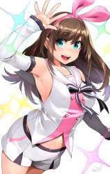 Rule 34 | 1girl, :d, arm up, armpits, bare shoulders, blue eyes, brown hair, detached sleeves, hairband, happa (cloverppd), highres, kizuna ai, kizuna ai inc., long hair, looking at viewer, multicolored hair, navel, open mouth, pink hair, pink hairband, short shorts, shorts, simple background, smile, solo, sparkle, streaked hair, teeth, two-tone hair, upper teeth only, virtual youtuber, waving, white background
