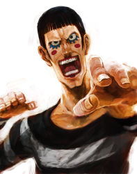 Rule 34 | 1boy, black eyes, black hair, bon clay, fighting stance, fingernails, impel down, lack, makeup, male focus, nail, one piece, open mouth, painterly, pirate, prison clothes, short hair, solo, teeth