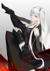 Rule 34 | 1girl, abyssal ship, aircraft carrier oni, armored boots, bad id, bad pixiv id, black dress, boots, breasts, cleavage, commentary request, dress, gauntlets, grey background, kantai collection, large breasts, long hair, neko (ganecooo), one side up, orange eyes, outline, pale skin, red outline, sailor dress, short dress, solo, swept bangs, thigh boots, thighhighs, very long hair, white hair