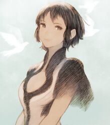 Rule 34 | 1girl, bird, black hair, breasts, closed mouth, dress, highres, ico, looking at viewer, maeka (kumaekake), pointy ears, short hair, simple background, small breasts, smile, solo, white dress, yorda