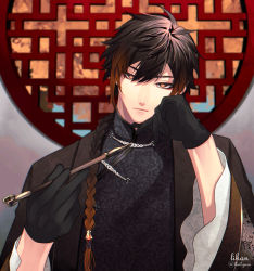 Rule 34 | 1boy, black gloves, black hair, blurry, blurry background, braid, braided ponytail, chinese clothes, closed mouth, commentary request, diamond-shaped pupils, diamond (shape), eyeliner, formal, genshin impact, gloves, gradient hair, hair between eyes, hair tie, highres, holding, holding smoking pipe, jacket, lhn7gnsn, long hair, long sleeves, looking at viewer, makeup, male focus, multicolored hair, orange hair, ponytail, smoking pipe, solo, symbol-shaped pupils, wide sleeves, window, yellow eyes, zhongli (genshin impact)