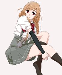Rule 34 | 1girl, arm warmers, black socks, braid, feet out of frame, grey background, hugging own legs, kantai collection, kneehighs, light brown hair, long hair, minegumo (kancolle), no shoes, ojipon, plaid neckwear, pleated skirt, red eyes, red neckwear, shirt, short sleeves, simple background, sitting, skirt, socks, solo, suspender skirt, suspenders, twin braids, white shirt