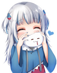 Rule 34 | 1girl, absurdres, animal costume, blue hair, blue heart, blue hoodie, blue nails, closed eyes, gawr gura, gawr gura (1st costume), grandapple71, grey hair, hair ornament, highres, hololive, hololive english, hood, hoodie, medium hair, multicolored hair, nail polish, shark costume, shark hair ornament, sidelocks, smile, solo, streaked hair, two side up, virtual youtuber, white background