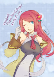 Rule 34 | 1girl, ;d, arc system works, bad id, bad pixiv id, blazblue, blazblue: continuum shift, blue eyes, flower, gloves, happy birthday, long hair, necktie, one eye closed, open mouth, red hair, smile, solo, tsubaki yayoi, white gloves, wink, yamo, yamo (sky2world)