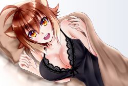 Rule 34 | 1girl, animal ears, antenna hair, blazblue, breasts, brown hair, chemise, chukachuka, cleavage, highres, large breasts, lingerie, looking at viewer, makoto nanaya, multicolored hair, on bed, open mouth, orange eyes, pillow, short hair, smile, solo, squirrel ears, two-tone hair, under covers, underwear, upper body