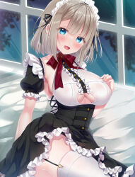 Rule 34 | 1girl, armpits, black skirt, blue eyes, bow, bowtie, breasts, brown hair, center frills, clothing cutout, detached sleeves, frilled skirt, frills, garter straps, hand on own chest, hand up, headdress, high-waist skirt, highres, komiya hitoma, large breasts, looking at viewer, open mouth, original, shirt, short hair, short sleeves, sitting, skirt, smile, solo, thighhighs, thighs, underboob, underboob cutout, white shirt, white thighhighs