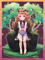 Rule 34 | 1girl, barefoot, blush, border, capelet, couch, dress, gloves, grass, green upholstery, head wreath, jewelry, kiitos, legs, long hair, necklace, orange hair, original, outdoors, pointy ears, purple eyes, sitting, smile, solo, tree