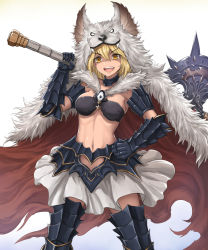 Rule 34 | 1girl, absurdres, animal ears, arm up, armband, armor, axe, berserker (granblue fantasy), bikini, bikini top only, black armor, black bikini, black gloves, black legwear, blonde hair, breasts, cape, choker, djeeta (granblue fantasy), fangs, fur-trimmed cape, fur trim, gauntlets, gloves, granblue fantasy, greaves, hand on own hip, happy, highres, holding, holding axe, looking at viewer, medium breasts, medium hair, midriff, navel, open mouth, red cape, shaded face, simple background, skirt, solo, standing, swimsuit, teeth, upper teeth only, white background, white skirt, wolf ears, yellow eyes, yuki7128
