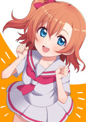Rule 34 | 1girl, :d, absurdres, blue eyes, bow, clenched hands, commentary, cream (nipakupa), hair bow, hands up, happy, highres, kosaka honoka, looking at viewer, love live!, love live! school idol project, medium hair, miniskirt, neckerchief, notice lines, one side up, open mouth, orange background, orange hair, pleated skirt, red bow, red neckerchief, round teeth, sailor collar, sailor shirt, shirt, short sleeves, skirt, smile, solo, teeth, tongue, two-tone background, upper teeth only, white background, white sailor collar, white shirt, white skirt