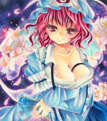 Rule 34 | 1girl, anor, blush, breasts, cherry blossoms, cleavage, hand fan, female focus, flower, folding fan, hat, japanese clothes, millipen (medium), paper fan, pastel (medium), petals, pink eyes, pink hair, ribbon, saigyouji yuyuko, short hair, smile, solo, touhou, traditional media, triangular headpiece, undressing, wide sleeves