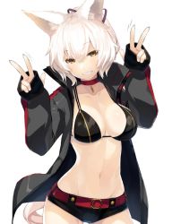 Rule 34 | 1girl, animal ear fluff, animal ears, belt, bikini, bikini top only, black bikini, breasts, character request, choker, cleavage, collarbone, commentary request, cowboy shot, double v, fox ears, hair between eyes, hair ribbon, head tilt, jacket, large breasts, long hair, meth (emethmeth), navel, open clothes, open jacket, original, ponytail, ribbon, short shorts, shorts, simple background, smile, solo, swimsuit, v, white hair