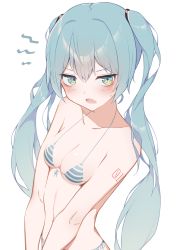 Rule 34 | 1girl, :o, ^^^, angry, bad id, bad pixiv id, bare arms, bare shoulders, bikini, blue bikini, blue eyes, blue hair, blue ribbon, blush, breasts, cleavage, collarbone, fang, front-tie bikini top, front-tie top, giryu, hatsune miku, long hair, looking at viewer, micro bikini, navel, number tattoo, open mouth, ribbon, scowl, shoulder tattoo, side-tie bikini bottom, skin fang, small breasts, solo, striped bikini, striped clothes, sweat, swimsuit, tattoo, twintails, upper body, v-shaped eyebrows, vocaloid