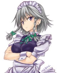 Rule 34 | 1girl, apron, blue eyes, blush, breasts, covered erect nipples, crossed arms, dated, female focus, frills, izayoi sakuya, maid, maid apron, maid headdress, md5 mismatch, puffy sleeves, short hair, signature, silver hair, simple background, smile, solo, touhou, umyonge (lkakeu), wrist cuffs