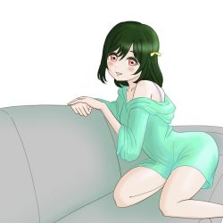 Rule 34 | 1girl, aqua sweater, artist name, artist request, bare legs, bare shoulders, black hair, blue hair, bow, bra strap, breasts, collarbone, couch, counter, dark blue hair, dark green hair, feet out of frame, hair between eyes, hair bow, hair ribbon, looking at viewer, love live!, love live! nijigasaki high school idol club, mifune shioriko, off-shoulder sweater, off shoulder, on couch, orange eyes, parted lips, red eyes, ribbon, short hair, small breasts, smile, solo, sweater, white background, yellow bow, yellow ribbon