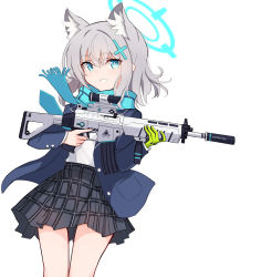 Rule 34 | 1girl, animal ears, assault rifle, bag, blue archive, blue eyes, cat ears, coat, commentary request, eyes visible through hair, gun, hair between eyes, hair ornament, hairpin, halo, highres, kuroten, long sleeves, looking at viewer, plaid, plaid skirt, pleated skirt, rifle, scarf, school bag, school uniform, shiroko (blue archive), short hair, sidelocks, sig sauer 556, silver hair, simple background, skirt, solo, suppressor, weapon