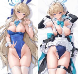 1girl absurdres animal_ears apron black_dress blonde_hair blue_archive blue_eyes blue_hair blue_halo blue_leotard blush breasts censored clothes_pull clothing_aside covered_navel curly_hair detached_collar dress dress_pull elbow_gloves fingerless_gloves frilled_apron frills gloves groin halo hand_up heart heart_censor high_heels highres hip_focus houkisei knees_together_feet_apart leotard leotard_aside leotard_pull leotard_under_clothes long_hair maid_headdress medium_breasts medium_hair multicolored_hair nipple_slip nipples object_insertion parted_lips playboy_bunny pulling_own_clothes rabbit_ears single_bare_leg single_thighhigh skin_tight skindentation strapless strapless_leotard streaked_hair thigh_strap thighhighs thighs toki_(blue_archive) toki_(bunny)_(blue_archive) two-tone_hair vaginal vaginal_object_insertion very_long_hair vibrator_cord waist_apron wrist_cuffs