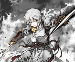 Rule 34 | 1girl, absurdres, armor, brown gloves, bruise, bruise on face, cape, chainmail, commentary request, debris, dual wielding, fighting stance, gloves, grey background, grey cape, grey eyes, grey hair, grey shirt, hair between eyes, highres, holding, holding weapon, injury, leg armor, long hair, scabbard, sheath, shimoda masaya, shirt, shoulder armor, solo, sword, two-sided cape, two-sided fabric, vahren tuga, weapon