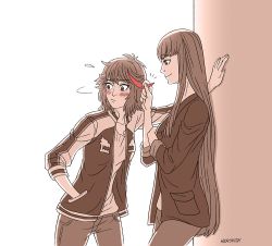 Rule 34 | 10s, 2girls, against wall, artist name, black hair, blush, casual, eyebrows, twirling hair, hand in another&#039;s hair, hand in pocket, height difference, herokick, incest, jacket, kill la kill, kiryuuin satsuki, letterman jacket, long hair, looking away, matoi ryuuko, multiple girls, red hair, sepia, short hair, siblings, sisters, smile, spot color, thick eyebrows, yuri