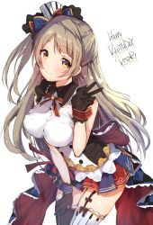 Rule 34 | 10s, 1girl, bare shoulders, beamed quavers, black gloves, black thighhighs, blush, bow, breasts, brown eyes, brown hair, cafe maid (love live!), character name, commentary request, garter straps, gloves, hair bow, happy birthday, long hair, looking at viewer, love live!, love live! school idol festival, love live! school idol project, mataro (matarou), minami kotori, multicolored clothes, multicolored legwear, musical note, one side up, quaver, shirt, side ponytail, simple background, skirt, sleeveless, sleeveless shirt, smile, solo, thighhighs, v, white background, white thighhighs