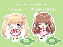 Rule 34 | 2girls, :o, ;d, ahoge, artist name, blonde hair, blue eyes, blush stickers, braid, brown hair, character name, chibi, clenched hand, commentary request, crown, dress, eyepatch, eyes visible through hair, flower, flower pot, frilled dress, frilled sleeves, frills, green background, green eyes, hair between eyes, hair flower, hair ornament, happy, holding, holding flower pot, hoshimame mana, juliet sleeves, kanbe kotori, kazamatsuri institute high school uniform, kneehighs, long hair, long sleeves, looking at viewer, mini crown, multiple girls, nakatsu shizuru, neck ribbon, one eye closed, one eye covered, open mouth, parted lips, pink dress, pink flower, plant, pointing, pointing at viewer, potted plant, puffy sleeves, red ribbon, rewrite, ribbon, school uniform, seedling, short dress, sidelocks, simple background, smile, socks, straight hair, tareme, translation request, twin braids, twintails, very long hair, wavy hair, white socks, wide sleeves