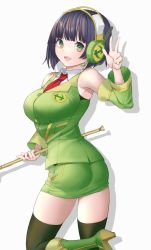 Rule 34 | 1girl, akahara tyun, black hair, black thighhighs, boots, breasts, detached sleeves, green eyes, green footwear, green skirt, headphones, kyoumachi seika, large breasts, looking at viewer, necktie, open mouth, red necktie, shadow, short hair, simple background, skirt, smile, solo, thighhighs, twisted torso, v, voiceroid, white background