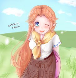Rule 34 | 1girl, artist request, blue eyes, blush, breasts, cowboy shot, cremia, day, dress, highres, long hair, nintendo, one eye closed, open mouth, outdoors, pointy ears, red hair, smile, solo, the legend of zelda, the legend of zelda: majora&#039;s mask