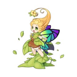 Rule 34 | 1girl, :d, blonde hair, bloomers, blue brooch, brown dress, butterfly wings, capelet, chibi, dress, floating, flower, full body, gradient wings, green capelet, green eyes, green footwear, green wings, hair flower, hair ornament, insect wings, leaf, long hair, looking at viewer, multicolored wings, official art, open mouth, purple wings, ragnarok online, shoes, simple background, smile, solo, teeth, transparent background, underwear, upper teeth only, white bloomers, wings, wooden fairy, yellow flower, yuichirou