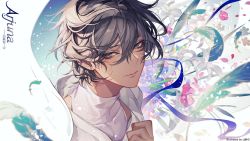 Rule 34 | 1boy, arjuna (fate), bishounen, black eyes, black hair, character name, dark-skinned male, dark skin, face, fate/extella, fate/extella link, fate/extra, fate/grand order, fate (series), flower, hair between eyes, highres, indian clothes, light particles, light smile, looking at viewer, male focus, ribbon, short hair, smile, solo, sqloveraven, type-moon