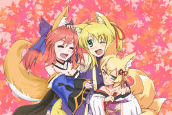 Rule 34 | 10s, 3girls, anger vein, animal ear fluff, animal ears, annoyed, bad id, bad pixiv id, bare shoulders, blonde hair, blush, breast envy, grabbing another&#039;s breast, breast press, breasts, cleavage, crossover, dog days, fate/extra, fate (series), fingerless gloves, fox ears, fox tail, gianvalgian, gloves, grabbing, grandmastag, green eyes, hair ornament, hair ribbon, hand fan, hand on another&#039;s chest, hand on another&#039;s head, hand on another&#039;s shoulder, hand on own stomach, hands on another&#039;s chest, highres, holding, japanese clothes, jpeg artifacts, kimono, kitsune, leaf, looking at another, maple leaf, medium breasts, mon-musu quest!, multiple girls, name connection, one eye closed, parted bangs, red hair, ribbon, short twintails, sidelocks, swept bangs, tail, tamamo (fate), tamamo (mon-musu quest!), tamamo no mae (fate/extra), tattoo, teeth, tongue, trait connection, twintails, wink, yukikaze panettone