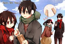 Rule 34 | 2boys, 2girls, anger vein, annoyed, aoi choko (aoichoco), black coat, black eyes, black hair, blue scarf, blue sky, breast pocket, bright pupils, brown eyes, brown hair, brown jacket, brown skirt, brown sweater, buttons, circle, closed eyes, closed mouth, cloud, coat, commentary request, day, double-breasted, double-parted bangs, earmuffs, english text, enomoto takane, enpera, facing another, feet out of frame, fringe trim, green scarf, grey coat, hair between eyes, hair ornament, hairclip, hand in pocket, happy new year, highres, holding, jacket, kagerou project, kanji, kisaragi shintarou, kokonose haruka, lapels, long bangs, long sleeves, looking at another, looking down, multiple boys, multiple girls, new year, notched lapels, object request, open mouth, outdoors, pocket, red scarf, scarf, short hair, skirt, sky, sweat, sweatdrop, sweater, tateyama ayano, upper body, v-neck, white pupils